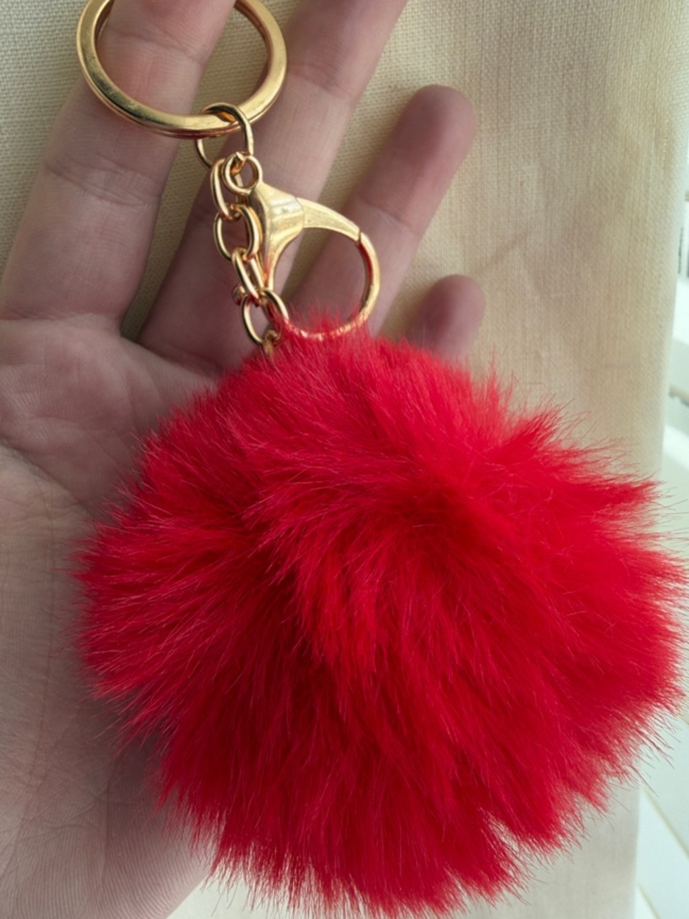 Red Faux Fur Pom Pom Keychain with Gold Hardware